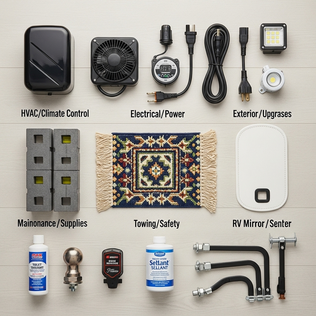 RV parts and accessories including tools, HVAC units, and exterior gear